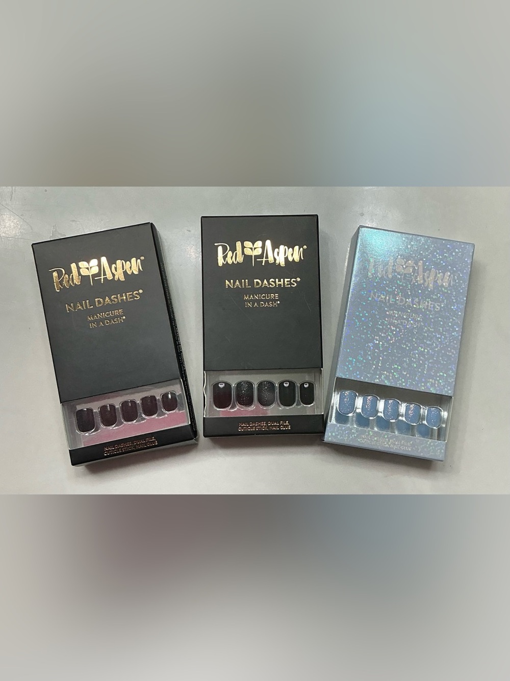 Red Aspen Press-On Nail Set — Ash Black, Black Tie Affair & Sparkle Blue Affair